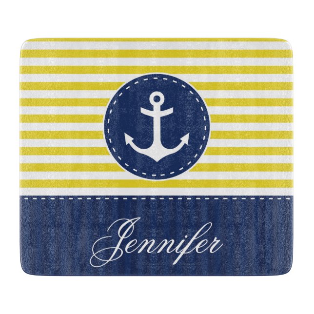 Hübsch-gelber Navy-Blue-Ankertext Schneidebrett (Vorderseite)
