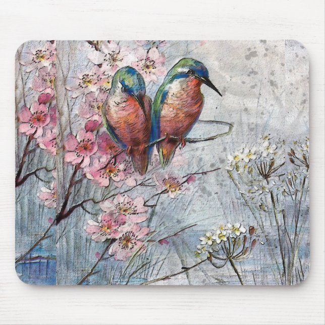 Hübsch gestrichene Blauvögel und Blume Mousepad (Vorne)