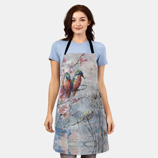 Hübsch gestrichene Kingfisher und Blume Schürze (Getragen)