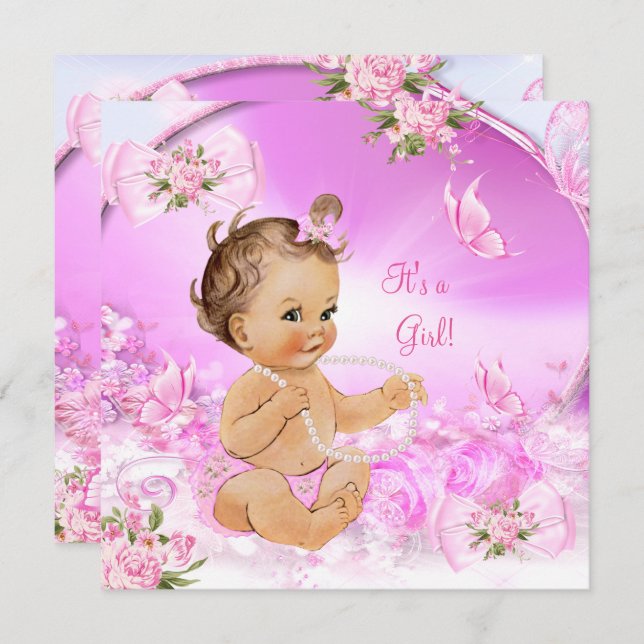 Hübsch Girl Baby Dusche Pink Butterfly Brünett LT Einladung (Vorne/Hinten)