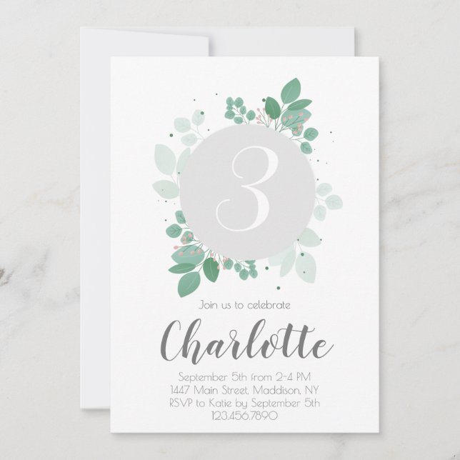 Hübsch Girl Birthday Floral laurel Einladung (Vorderseite)