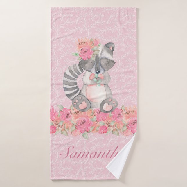 Hübsch Girls Rosa Blumenwald Raccoon Badehandtuch (Badehandtuch)