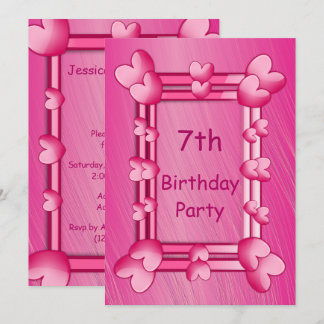 Hübsch Girly Pink Hearts Gerahmt 7. Geburtstag Einladung