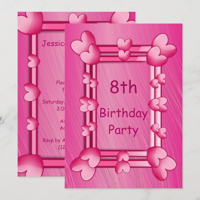 Hübsch Girly Pink Hearts Gerahmt 8. Geburtstag Einladung (Vorne/Hinten)