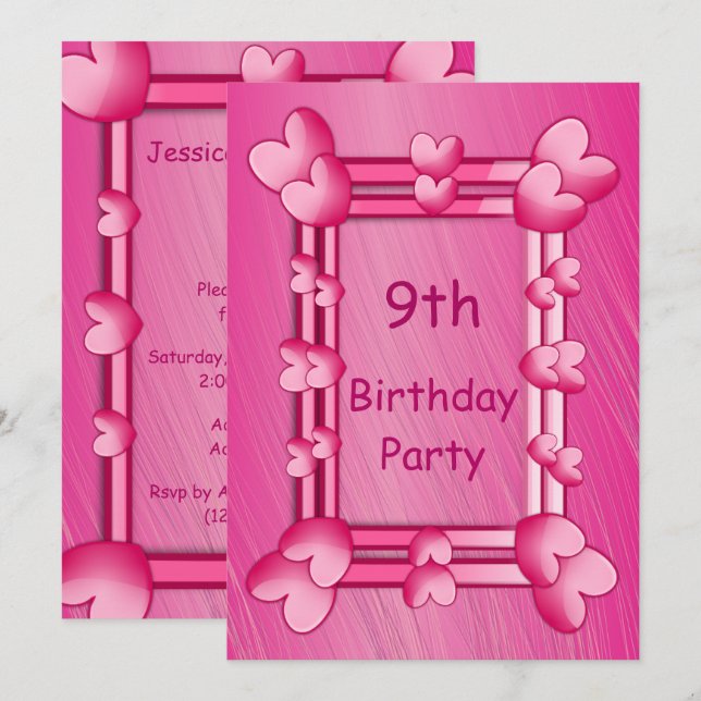 Hübsch Girly Pink Hearts Gerahmt 9. Geburtstag Einladung (Vorne/Hinten)