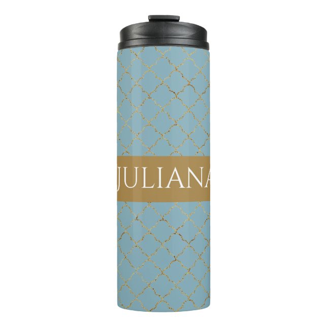 Hübsch Glacial Blue Gold Quatrefolie Personalisier Thermosbecher (Vorderseite)