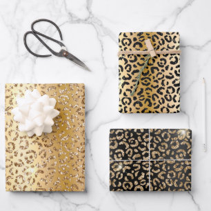 Hübsch Gold Glam Glitzer Leopard Geschenkpapier Set