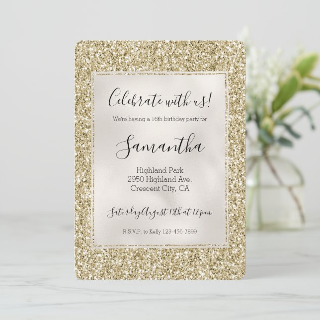 Hübsch Gold Glitzy Glitzer   Einladung (Stehend Vorderseite)