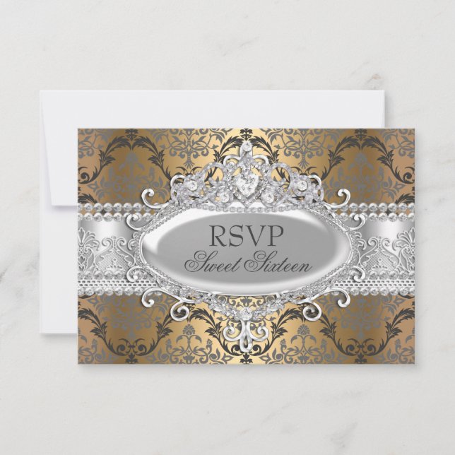 Hübsch Gold & Silber Damask Sweet 16 UAWG RSVP Karte (Vorderseite)