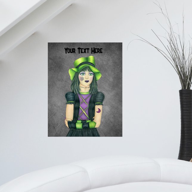 Hübsch Goth Girl Green Eyes Hat Tattoos Dark Gray Poster (Pretty young Goth girl tattoos green hat fingerless gloves on spooky dark grey artwork poster.)