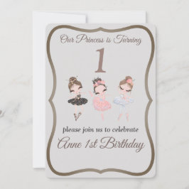 Hübsch Graurosa Ballerinas Princess 1. Geburtstag Einladung