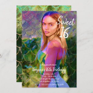 Hübsch Green Gold Meerjungfrau Foto Sweet 16 Party Einladung