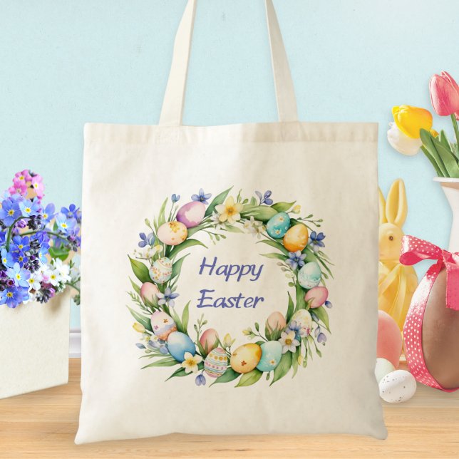 Hübsch Happy Oaster Eggs Frühjahr Kranz Mit Monogr Tragetasche (A pretty Easter tote bag with Easter eggs wreath and 'Happy Easter' greeting)