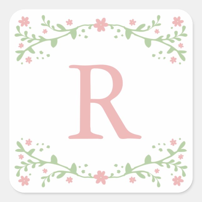 Hübsch in rosa florale Monogramm-Aufkleber Quadratischer Aufkleber (Vorderseite)