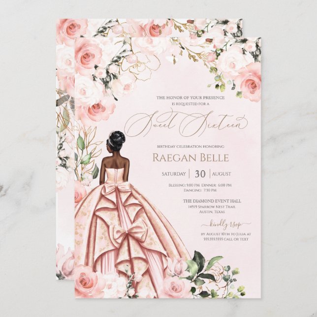 Hübsch in Rosa Schwarze Rose Schönes Gown Sweet 16 Einladung (Vorne/Hinten)