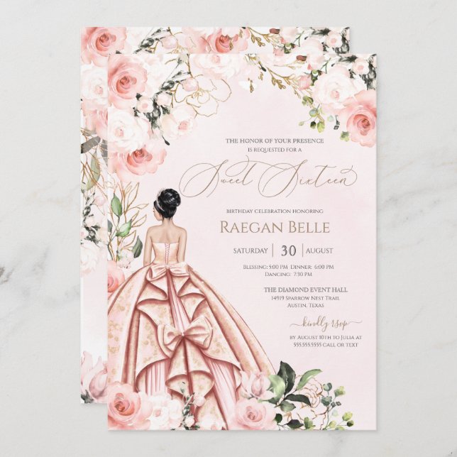 Hübsch in Rosa Schwarze Rose Sweet 16 Birthday Einladung (Vorne/Hinten)