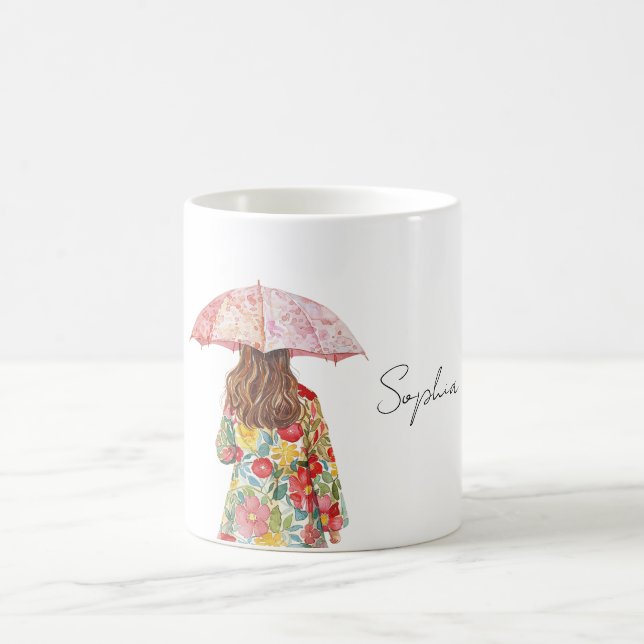 Hübsch in rotem Blumenmuster Rosa Regenschirm Kaffeetasse (Mittel)