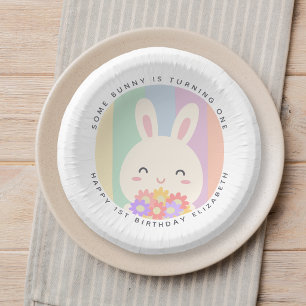 Hübsch, irgendein Hase wird eins Regenbogen-Geburt Pappteller