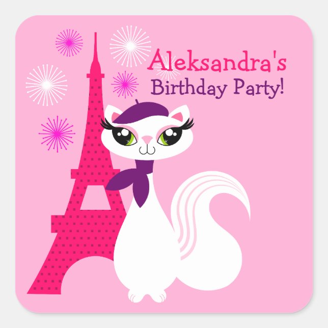 Hübsch Kitty Paris Geburtstagskleber Quadratischer Aufkleber (Vorderseite)