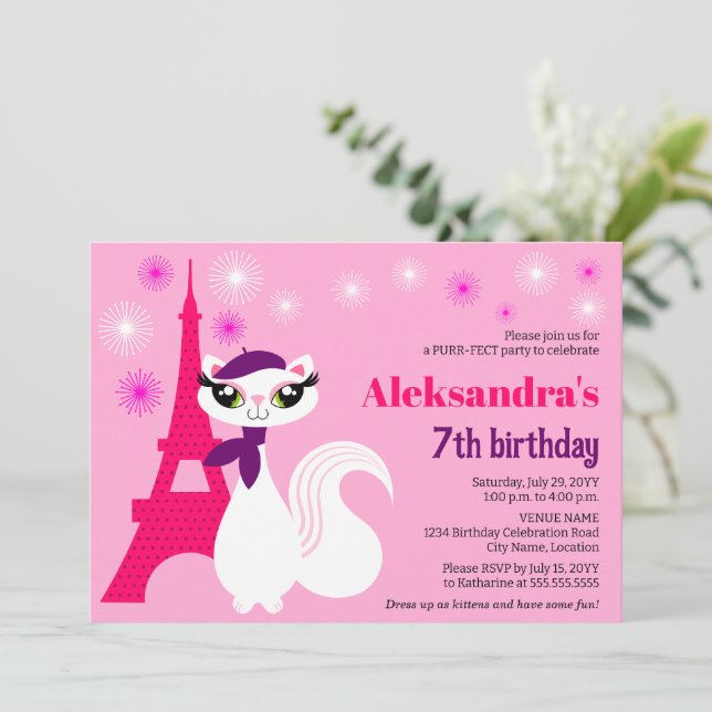 Hübsch Kitty Paris Pink Birthday Einladung (Stehend Vorderseite)