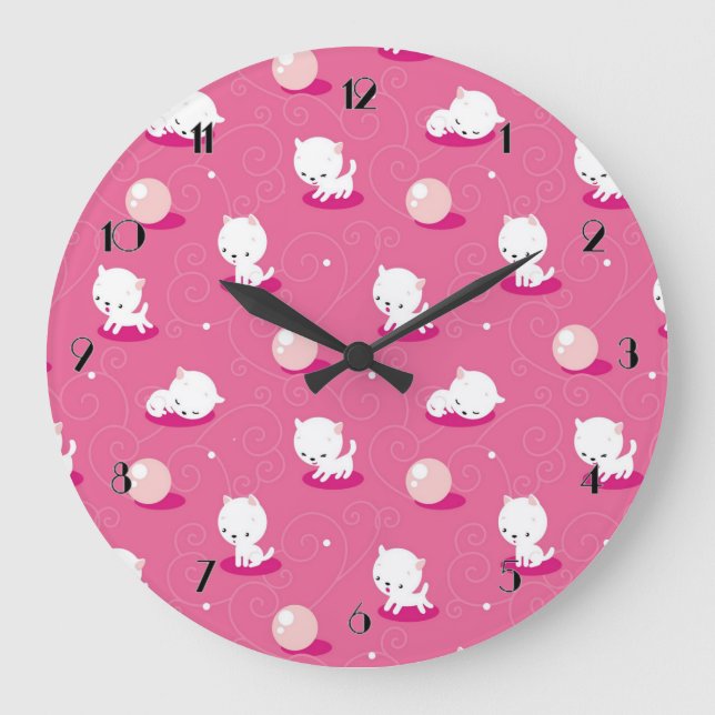Hübsch Kitty Pink Kittens Pattern Wall Clock Große Wanduhr (Vorderseite)