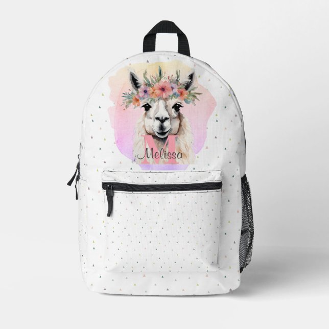 Hübsch Lama Animal Pink Wildblume Monogramm Bedruckter Rucksack (Vorderseite)