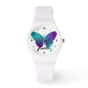 Hübsch Lila Aquamariner Big Butterfly Personalisie Armbanduhr