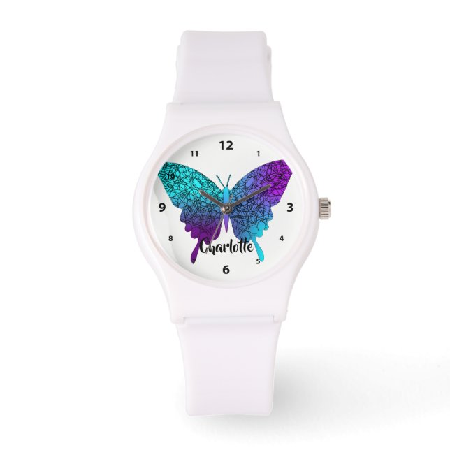 Hübsch Lila Aquamariner Big Butterfly Personalisie Armbanduhr (Vorderseite)
