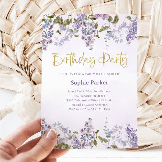 Hübsch Lila Lilac | Gold Script Birthday Party Einladung