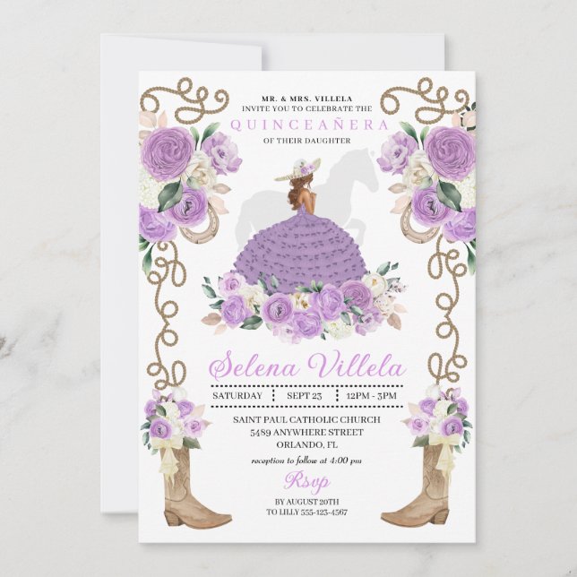 Hübsch Lilac Western Mariachi Princess Quinceañera Einladung (Vorderseite)