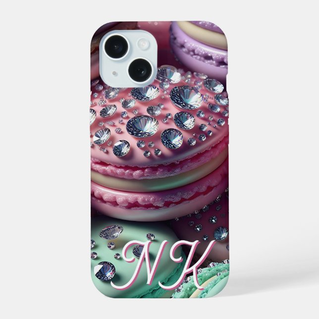 Hübsch Macaron Bling Mit Monogramm iPhone 15 Hülle (Rückseite)