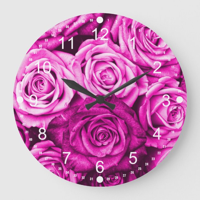 Hübsch Magenta Pink Roses Blume Bouquet Große Wanduhr (Vorderseite)