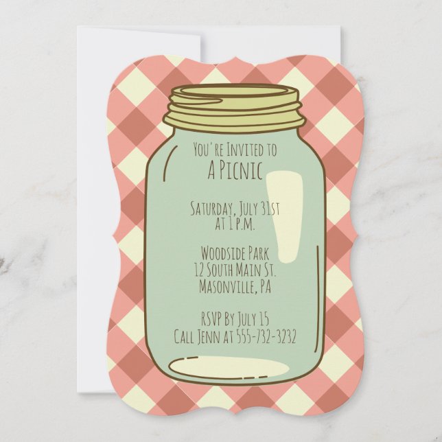 Hübsch Mason Jar Picnic Party Invite Gingham Einladung (Vorderseite)