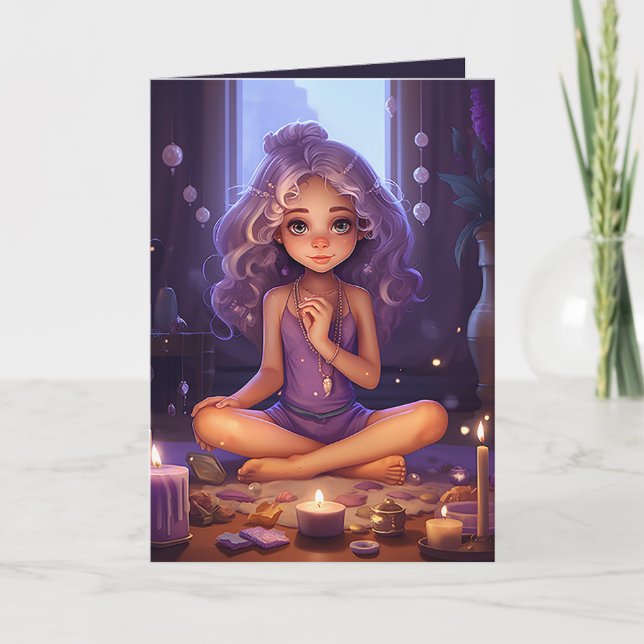 Hübsch Meditieren Yoga Girl Lila Gold Geburtstag Karte (Vorderseite)
