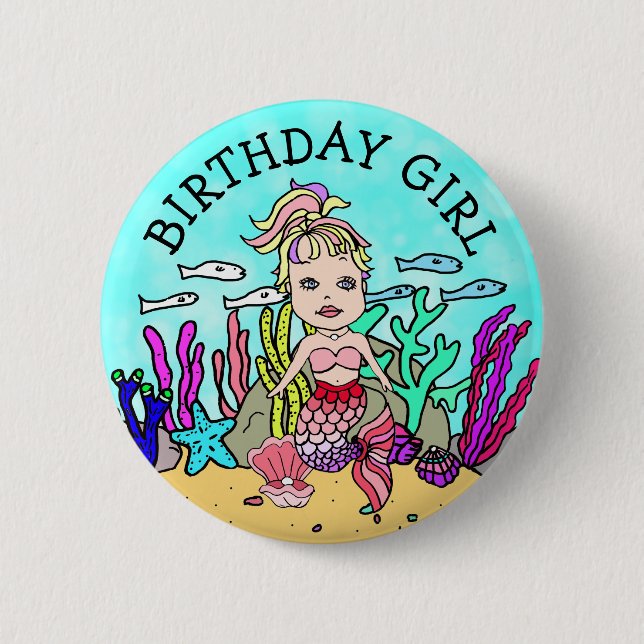 Hübsch Mermaid Birthday Girl Button (Vorderseite)