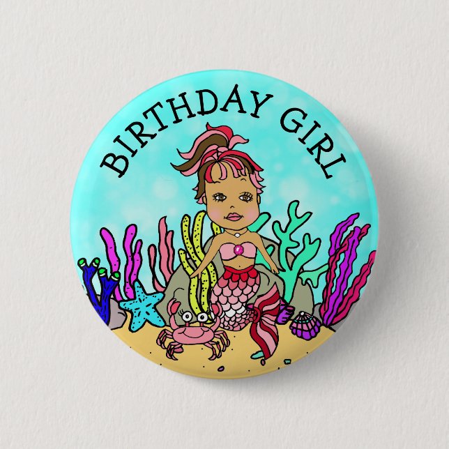 Hübsch Mermaid Birthday Girl Button (Vorderseite)