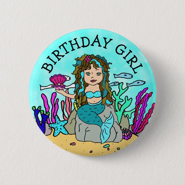 Hübsch Mermaid Birthday Girl Button (Vorderseite)