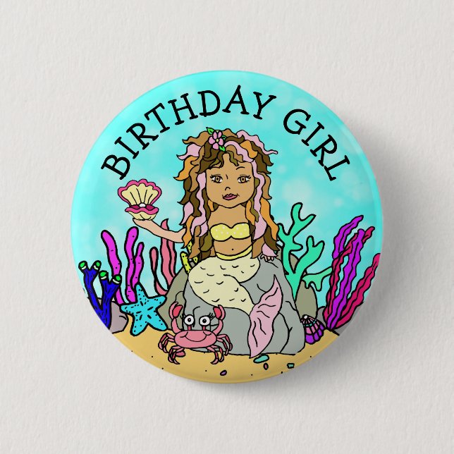 Hübsch Mermaid Birthday Girl Button (Vorderseite)