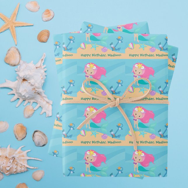 Hübsch Mermaid Girl Personalisiert Beach Geburtsta Geschenkpapier Set (Von Creator hochgeladen)