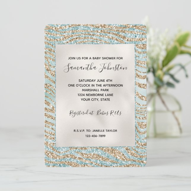 Hübsch Mint Glitzy Gold Zebra Glitzer Einladung (Stehend Vorderseite)