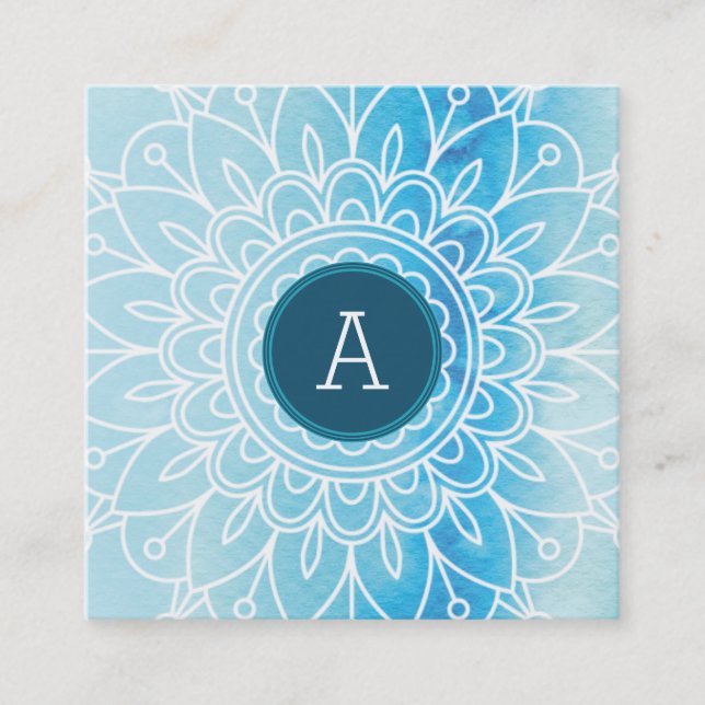 HÜBSCH MONOGRAM Modernes boho mandala muster aqua Quadratische Visitenkarte (Vorderseite)