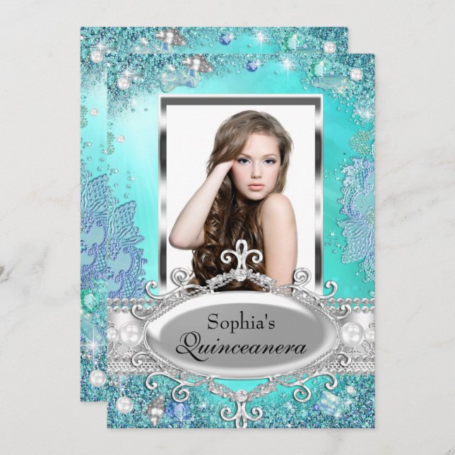 Hübsch Ocean Jewel Foto Quinceanera Einladung (Vorne/Hinten)