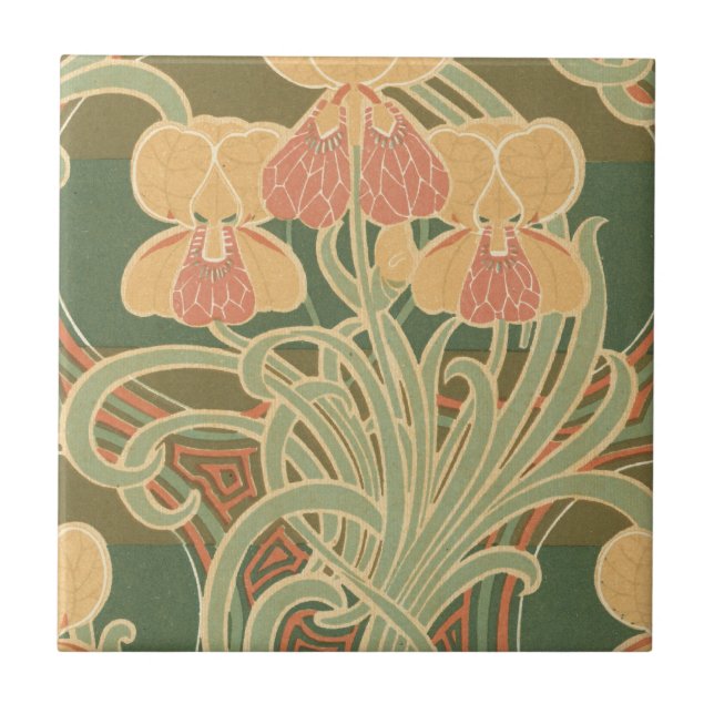 hübsch orangefarbene Blume Jugendstil-Design Fliese (Vorderseite)