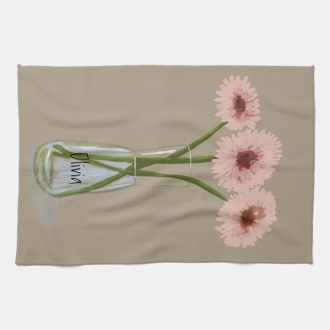 Hübsch Pastel Gerbera Blume +Individuelle Name Geschirrtuch (Horizontal)