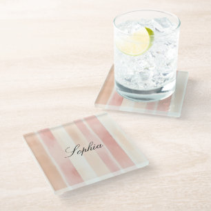 Hübsch Peach Pink Creme Streifen Glasuntersetzer