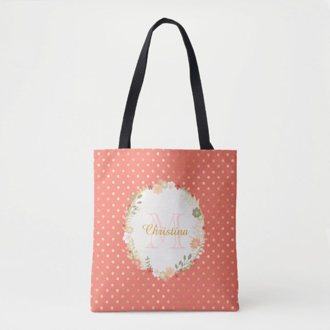 Hübsch Peach Polka Dot Floral Name und Monogramm (Vorderseite)