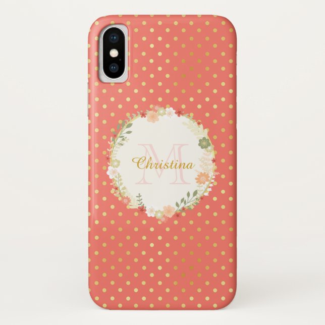 Hübsch Peach Polka Dot Floral Name und Monogramm Case-Mate iPhone Hülle (Rückseite)