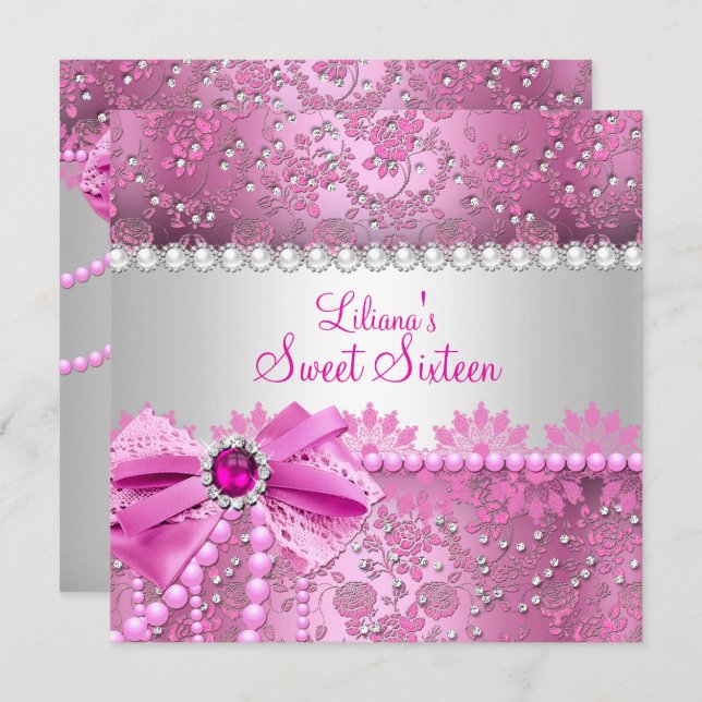 Hübsch Pearl Bow Lace Pink Silver Sweet 16 Einladung (Vorne/Hinten)