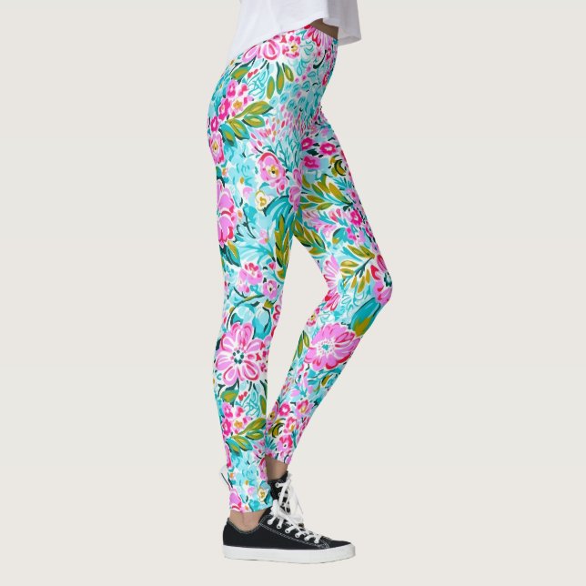 Hübsch Pink Aqua Blue Chic Trendy Pastor Floral Leggings (Rechts)