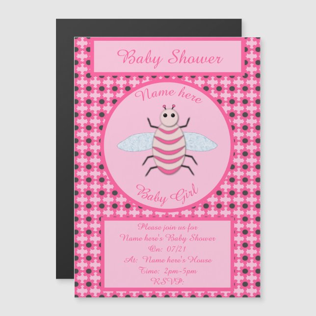 Hübsch Pink Baby Girl Bee Custom Baby Dusche Magneteinladung (Vorne/Hinten)